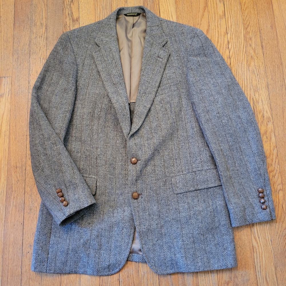 Gant 46R Blazer Grey Brown Herringbone Wool USA Tailored Vintage Tweed Detective